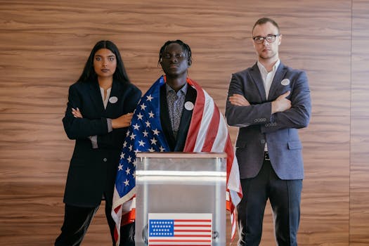Diverse group of political candidates standing with American flag at voting podium.